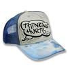 Back view of Thinking Hurts Cap (White on Blue)