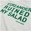 Side view of Coriander Ruined My Salad Women's Raw Cut T (Green on Off White)