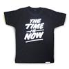 Side view of The Time is Now Men's T-Shirt (White on Black)