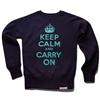 Side view of Keep Calm and Carry On Women's Crew Sweat (Duck Egg Green on Navy)
