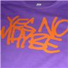 Side view of Scrawl Women's T-Shirt (Orange on Purple)