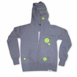 Front pic of 'Ravemoticons' Women's Zip-Thru Hood, Yellow on Sport Grey