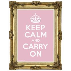 Front pic of 'Keep Calm and Carry On' Poster, Gold on Baby Pink