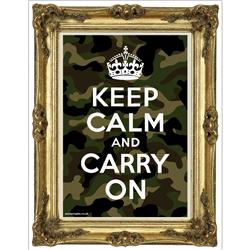 Front pic of 'Keep Calm and Carry On' Poster, Gold on Camo