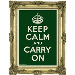 Front pic of 'Keep Calm and Carry On' Poster, Gold on Green