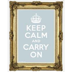 Front pic of 'Keep Calm and Carry On' Poster, Gold on Pale Blue