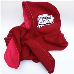 Front pic of 'Thinking Hurts' Hooded Scarf, Pink on Red