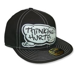 Front pic of 'Thinking Hurts' New Era 59FIFTY Baseball Cap, White on Black