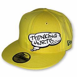 Front pic of 'Thinking Hurts' New Era 59FIFTY Baseball Cap, White on Yellow