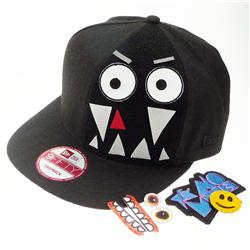 Front pic of 'Velcro Edition - Mega Monster' Snapback Cap, White on Black