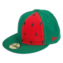 Front pic of 'Watermelon' New Era 59FIFTY Baseball Cap, Red on Green