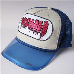 Front pic of 'Yeahh' Cap, Hot Pink on Blue