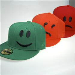 Front pic of 'YesNoMaybe 3 Pack' New Era 59FIFTY Baseball Cap, Black on Red Green Orange