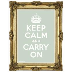 Front pic of 'Keep Calm and Carry On' Poster, Gold on Pale Green