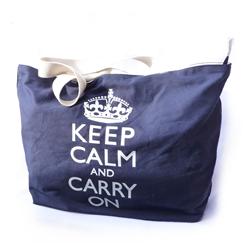 Front pic of 'Keep Calm and Carry On' Shopper Bag, White on Blue