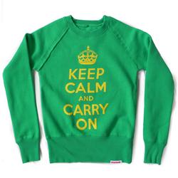 Front pic of 'Keep Calm and Carry On' Women's Crew Sweat, Yellow on Green