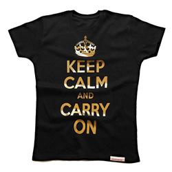 Front pic of 'Keep Calm and Carry On' Women's Fitted T, Gold on Black