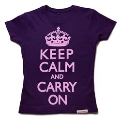 Front pic of 'Keep Calm and Carry On' Women's Fitted T, Pink on Purple