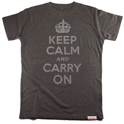 Front pic of 'Keep Calm and Carry On' Women's Fitted T, Silver on Grey