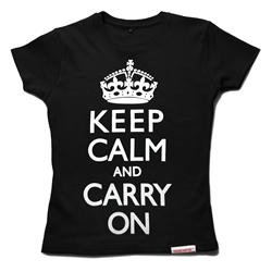 Front pic of 'Keep Calm and Carry On' Women's Fitted T, White on Black