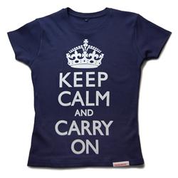 Front pic of 'Keep Calm and Carry On' Women's Fitted T, White on Navy