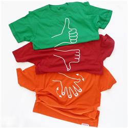 Buy this T-Shirt: Design: Hands 3 pack; Colour: White on Red Green Orange; See detailed product info and choose sizing options on next screen