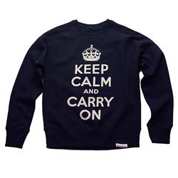 Front pic of 'Keep Calm and Carry On' Men's Crew Sweat, White on Navy