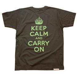 Front pic of 'Keep Calm and Carry On' Men's T-Shirt, Duck Egg Green on Charcoal