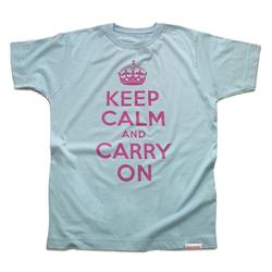 Front pic of 'Keep Calm and Carry On' Men's T-Shirt, Pink on Baby Blue