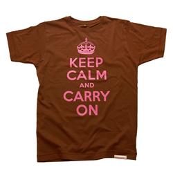 Front pic of 'Keep Calm and Carry On' Men's T-Shirt, Pink on Brown