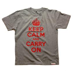 Front pic of 'Keep Calm and Carry On' Men's T-Shirt, Red on Heather Grey