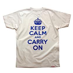 Front view of Keep Calm and Carry On Men's T-Shirt (Royal Blue on White)