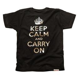 Front pic of 'Keep Calm and Carry On' Men's T-Shirt, Silver on Black