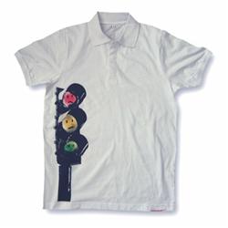 Front pic of 'Traffic Lights' Men's Polo Shirt, Red Green Orange on White