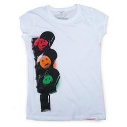 Front pic of 'Traffic Lights' Women's Raw Cut T, Red Green Orange on White