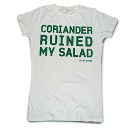 Front pic of 'Coriander Ruined My Salad' Women's Raw Cut T, Green on Off White
