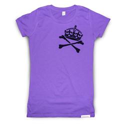 Front pic of 'Crownbones' Women's Fitted T, Black on Purple