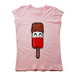 Front pic of 'Fab' Women's Raw Cut T, Red on Baby Pink