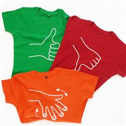 Buy this Fitted T: Design: Hands 3 pack; Colour: White on Red Green Orange; See detailed product info and choose sizing options on next screen
