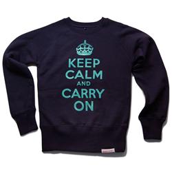 Front pic of 'Keep Calm and Carry On' Women's Crew Sweat, Duck Egg Green on Navy