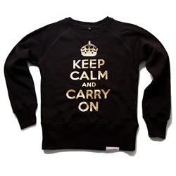 Front pic of 'Keep Calm and Carry On' Women's Crew Sweat, Gold on Black