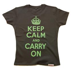 Front pic of 'Keep Calm and Carry On' Women's Fitted T, Duck Egg Green on Charcoal