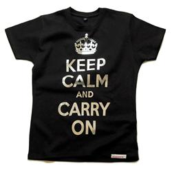 Front pic of 'Keep Calm and Carry On' Women's Fitted T, Silver on Black