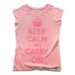 Front pic of 'Keep Calm and Carry On' Women's Raw Cut T, Hot Pink on Pink