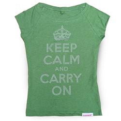 Front view of Keep Calm and Carry On Women's T-Shirt (Silver on Green)