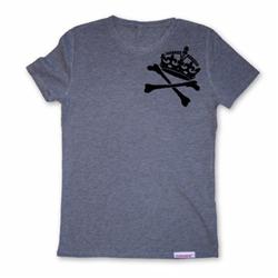 Front pic of 'Crownbones' Women's Fitted T, Black on Heather Grey