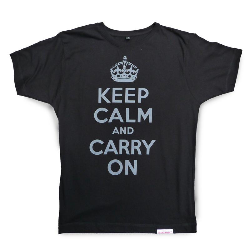 Front view of Keep Calm and Carry On Men's T-Shirt (Grey on Black)