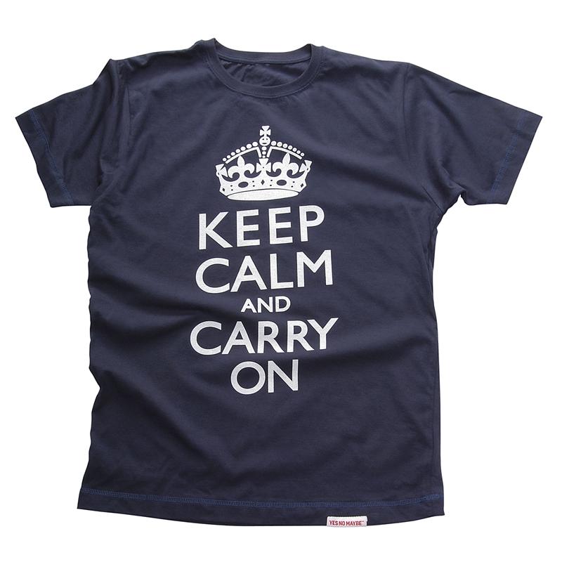 Front view of Keep Calm and Carry On Men's T-Shirt (White on Denim)
