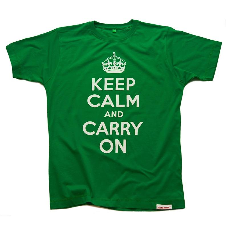Front view of Keep Calm and Carry On Men's T-Shirt (White on Green)