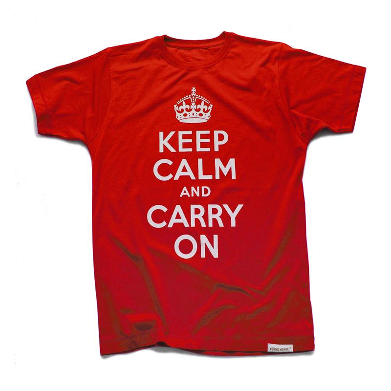 Front view of Keep Calm and Carry On Men's T-Shirt (White on Red)